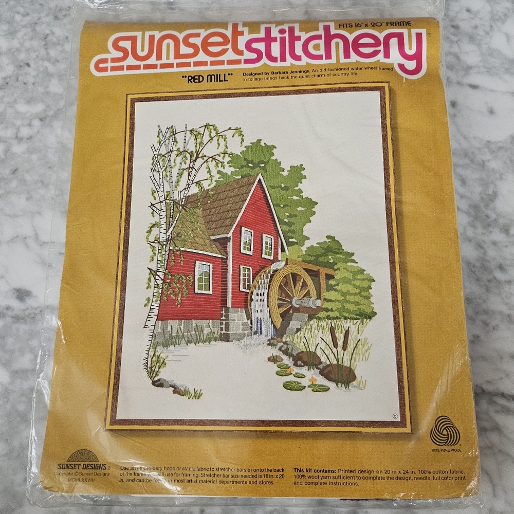 Vintage Sunset Stitchery Red Mill Crewel craft kit Barbara Jennings Water wheel
